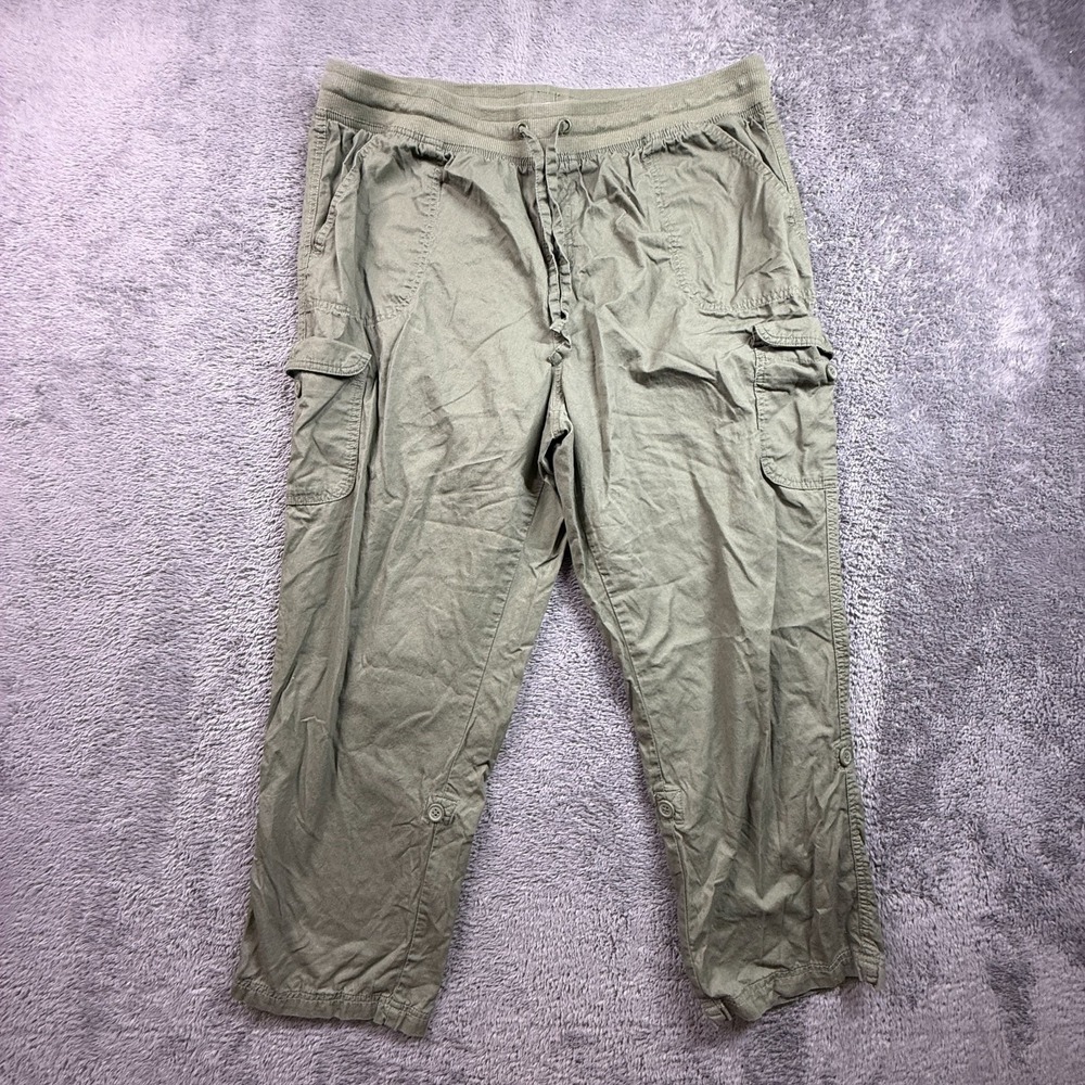 Woman Within 18W Petite Green Cargo Pants Pull On Drawstring Cotton NWOT